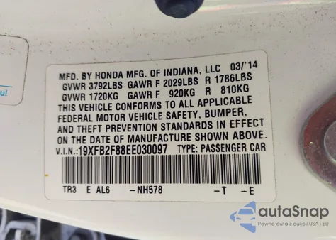 2014 Honda Civic Ex from USA, damaged, VIN 19XFB2F88EE030097